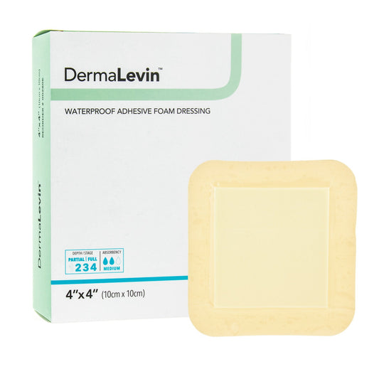 Foam Dressing DermaLevin 4 X 4 Inch With Border Waterproof Backing Hydrocolloid Adhesive Square Sterile,  Packaging Type- Each