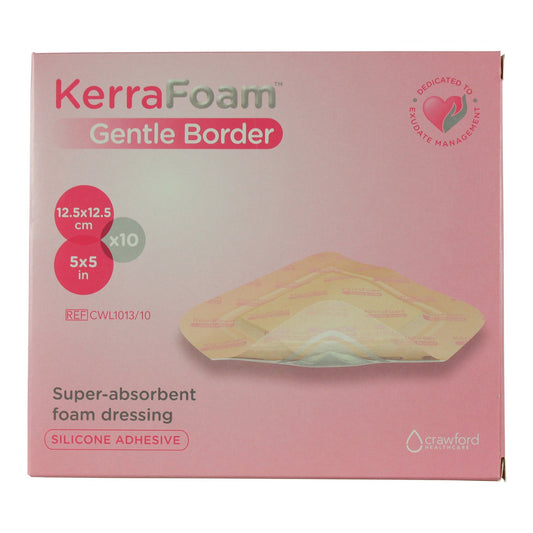 Foam Dressing KerraFoam™ Gentle Border 5 X 5 Inch With Border Film Backing Silicone Adhesive Square Sterile,  Packaging Type- Each
