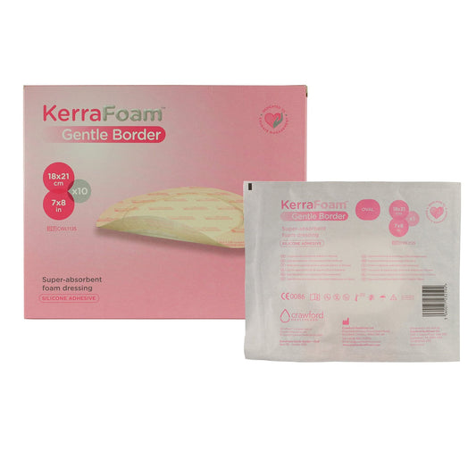 Foam Dressing KerraFoam™ Gentle Border 7 X 8 Inch With Border Film Backing Silicone Adhesive Oval Sterile, Packaging Type- Each
