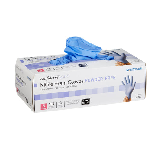 Exam Glove McKesson Confiderm 3.5C Small NonSterile Nitrile Standard Cuff Length Textured Fingertips Blue Chemo Tested, Packaging Type- Box