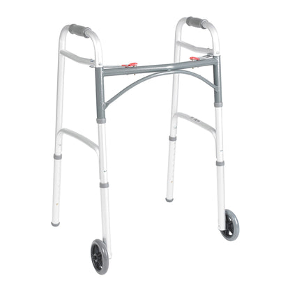 Deluxe Dual Release Folding Walker with Wheels Adjustable Height drive Deluxe Aluminum Frame 350 lbs. Weight Capacity 25 to 32-1/4 Inch Height, Packaging Type- Each