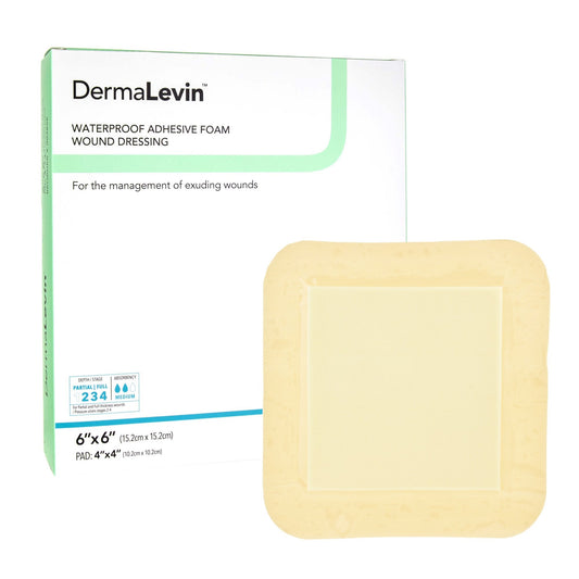 Foam Dressing DermaLevin 6 X 6 Inch With Border Waterproof Backing Hydrocolloid Adhesive Square Sterile,  Packaging Type- Each