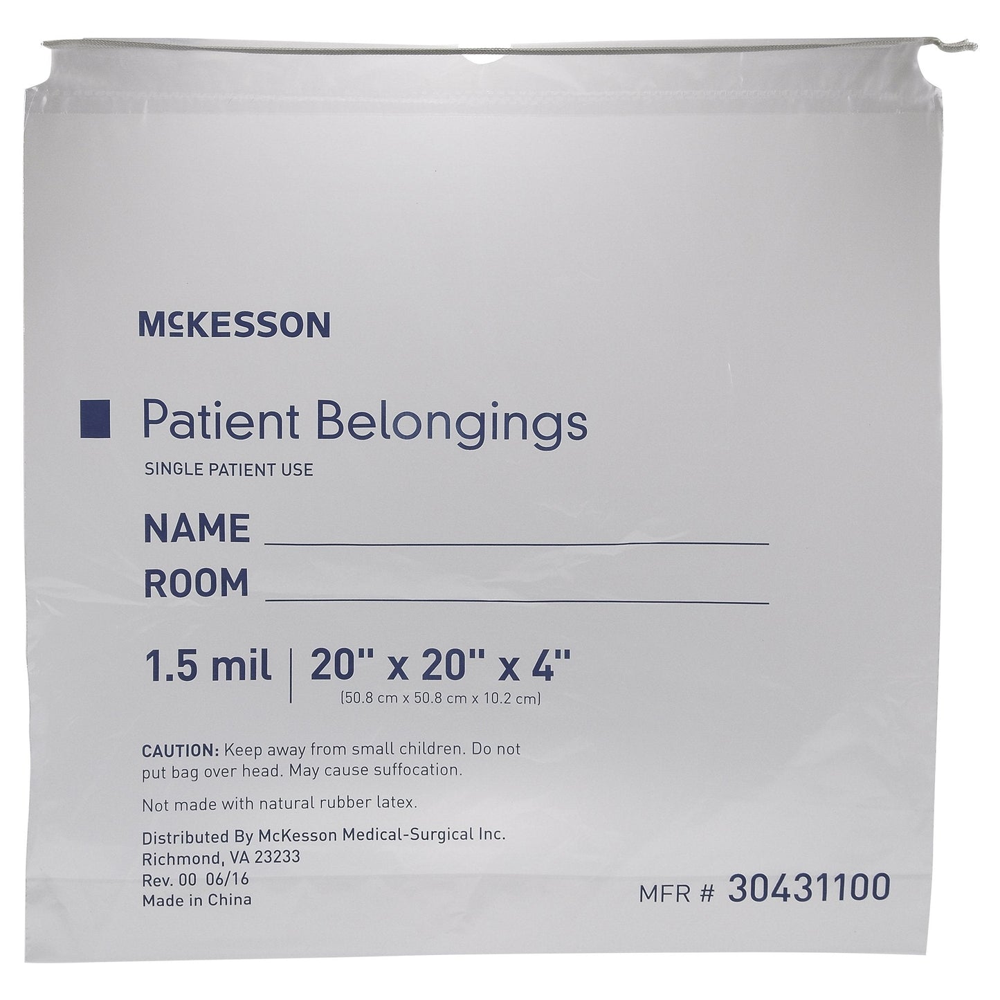 Patient Belongings Bag McKesson 4 X 20 X 20 Inch Polyethylene Drawstring Closure Clear, Packaging Type- Case