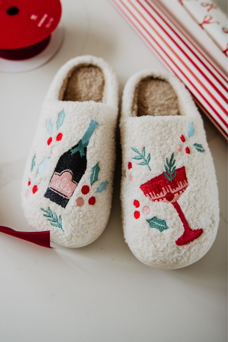 Holiday Champagne, Coupes & Holly Women's Slippers