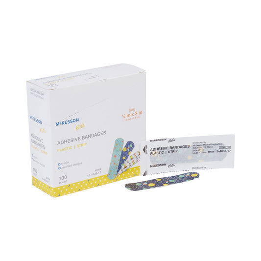 Adhesive Strip McKesson Kids 3/4 X 3 Inch Plastic Rectangle Kid Design (Assorted Prints) Sterile, Packaging Type- Box