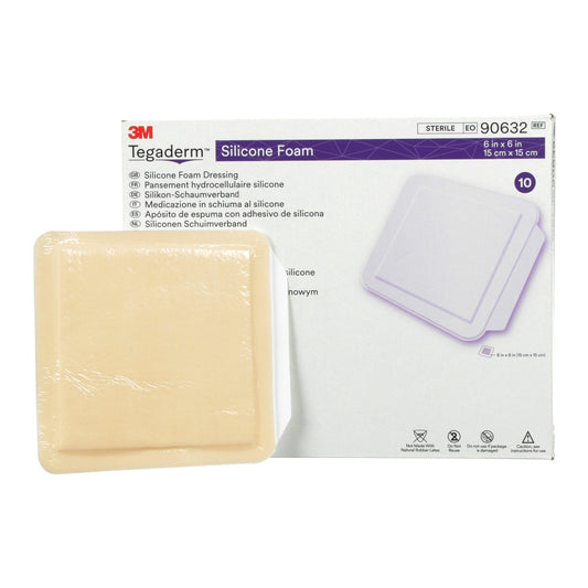Foam Dressing 3M™ Tegaderm™ 4 X 4-1/4 Inch Without Border Film Backing Silicone Face Square Sterile, Packaging Type- Each