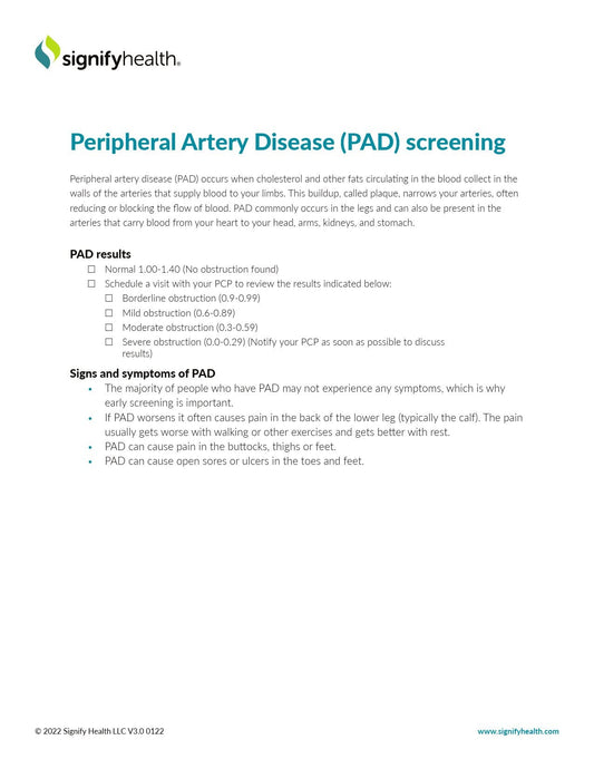 Fact Sheet Signigyhealth Peripheral Artery Disease (PAD) Screening 8 X11 Inch, Packaging Type- Case