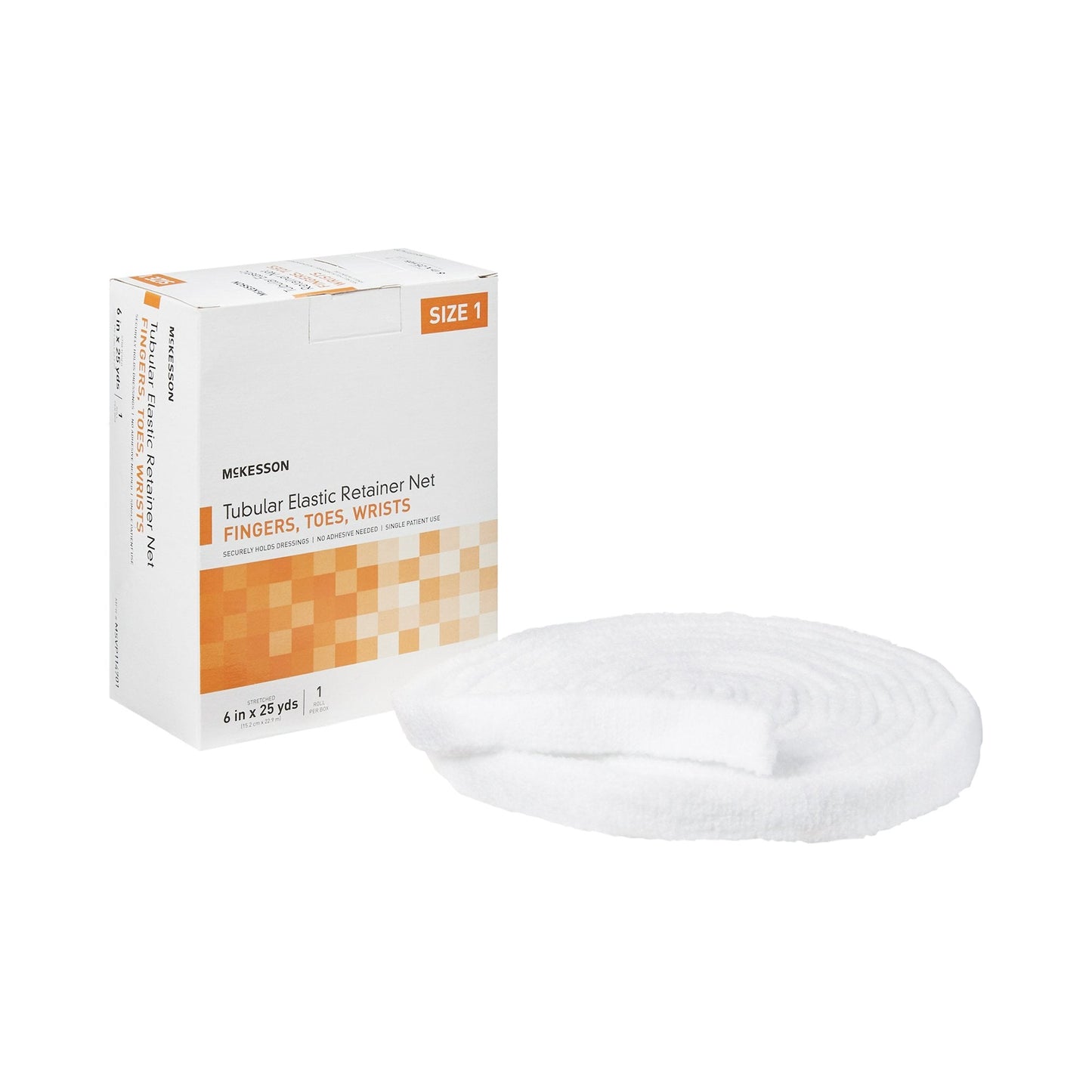 Elastic Net Retainer Dressing McKesson Tubular Elastic 6 Inch X 25 Yard (15.2 cm x 22.9 m) Size 1 White Finger / Toe / Wrist NonSterile, Packaging Type- Box