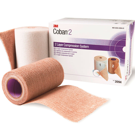 2 Layer Compression Bandage System 3M Coban 2 2-9/10 Yard X 4 Inch / 4 Inch X 5-1/10 Yard Self-Adherent / Pull On Closure Tan / White NonSterile 35 to 40 mmHg, Packaging Type- Box