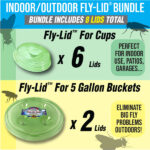 Load image into Gallery viewer, Fly Lid Combo- Indoor Outdoor Eco Friendly Fly Control Pack – Includes (6) Fly-Lids for Disposable Cups and (2) 5 Gallon Bucket Fly-Condo™ Lids.